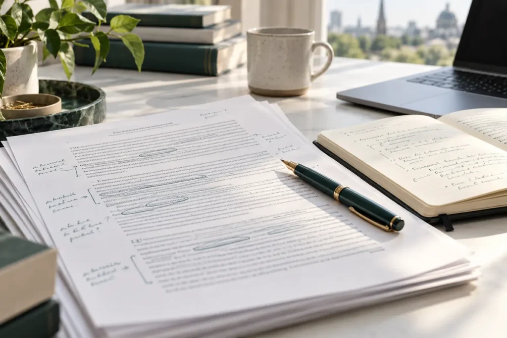Manuscript pages, a notebook and a pen on a research desk